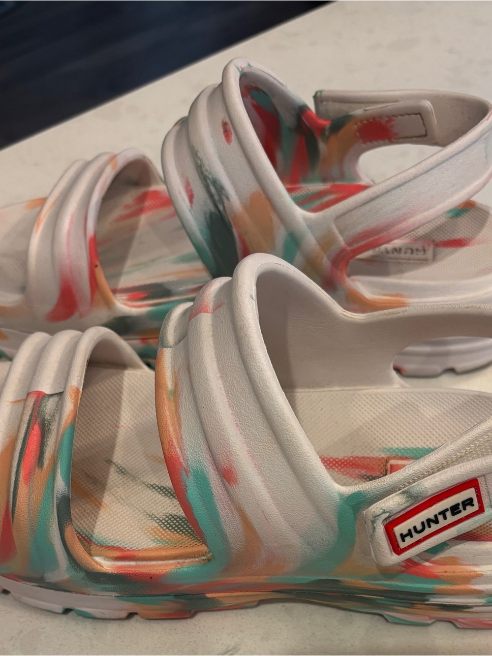 Hunter White Sandals with Teal, Coral & Orange Marbling